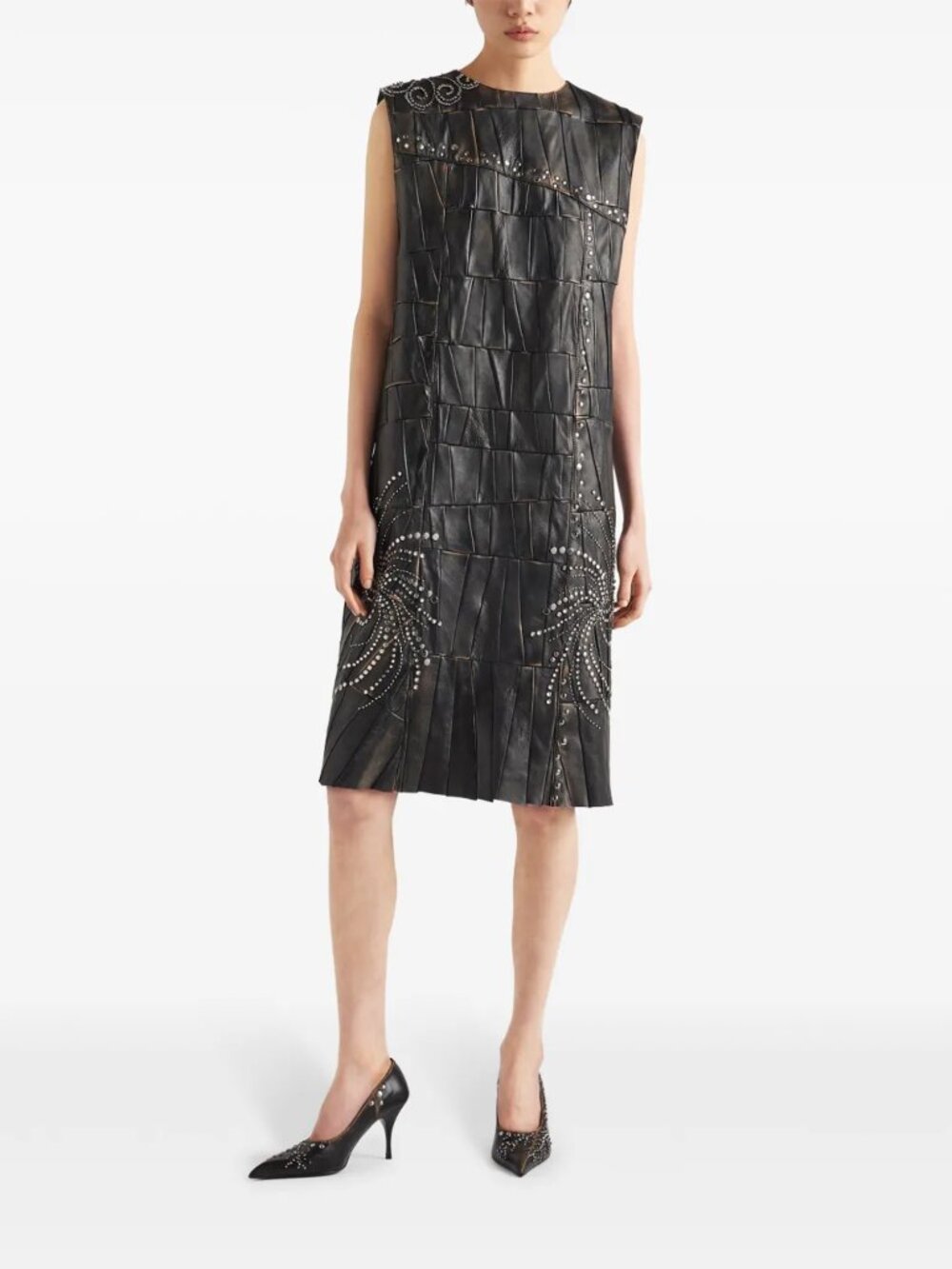 Prada Nappa Leather Patchwork Embellished Midi Shift Dress Black IT 40 US 4 NWT
